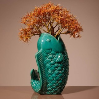 Vase poisson en grès vert - 26,6 x 15 x 14 x 5 cm