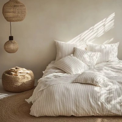 Housse de couette en double voile de percale de coton 130g/m2 à rayures - Harlem